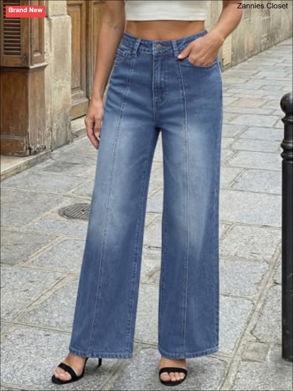 High Waisted Wide Leg Baggy Jeans Front Seam Cotton Blend Pants - Picture 2 of 5